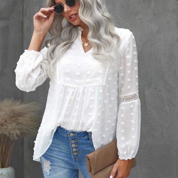 boho Swiss Dot Notched Neck Summer Top White - Picture 4 of 7